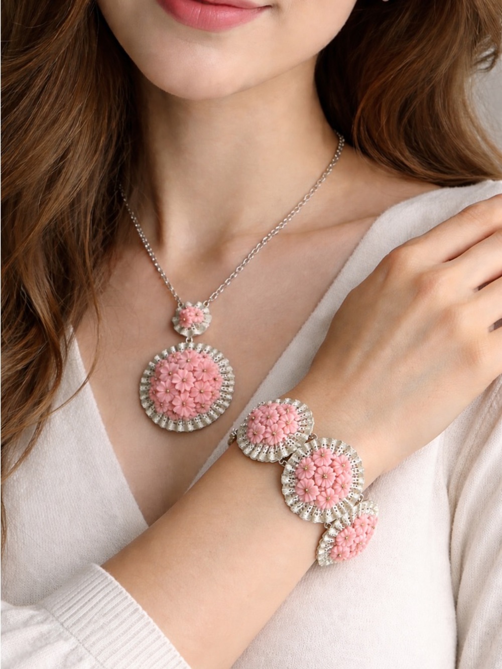 Rare Verified by book Miriam Haskell Pink Flowers Necklace and bracelet Set.